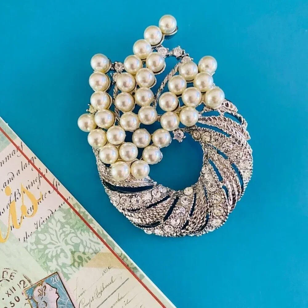 Vintage Crystal & Faux Pearl Waterfall Brooch Silver-Tone